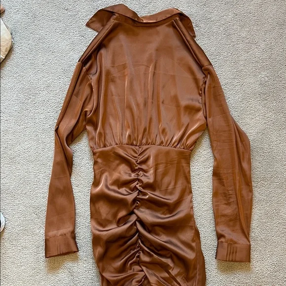 Mable Brown Satin Rouched Mini Dress Size Small - Picture 5 of 7